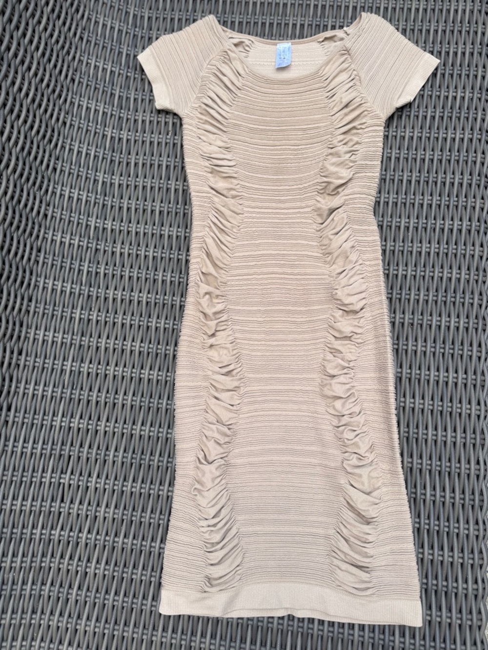 Prime Cut Beige Ruched Rib Knit Sheath Dress